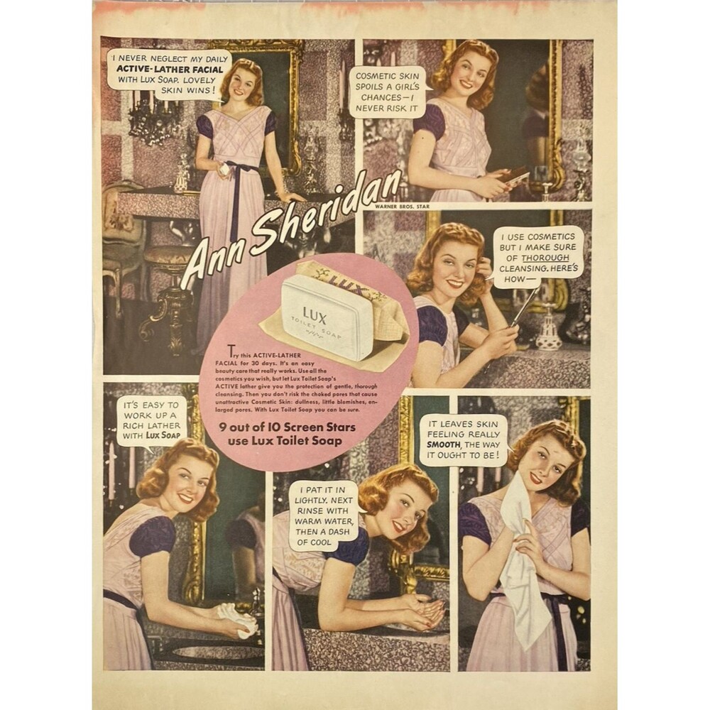 LUX Toilet Soap Ann Sheridan: I Never Neglect My Active-Lather Facial" Ad 1940
